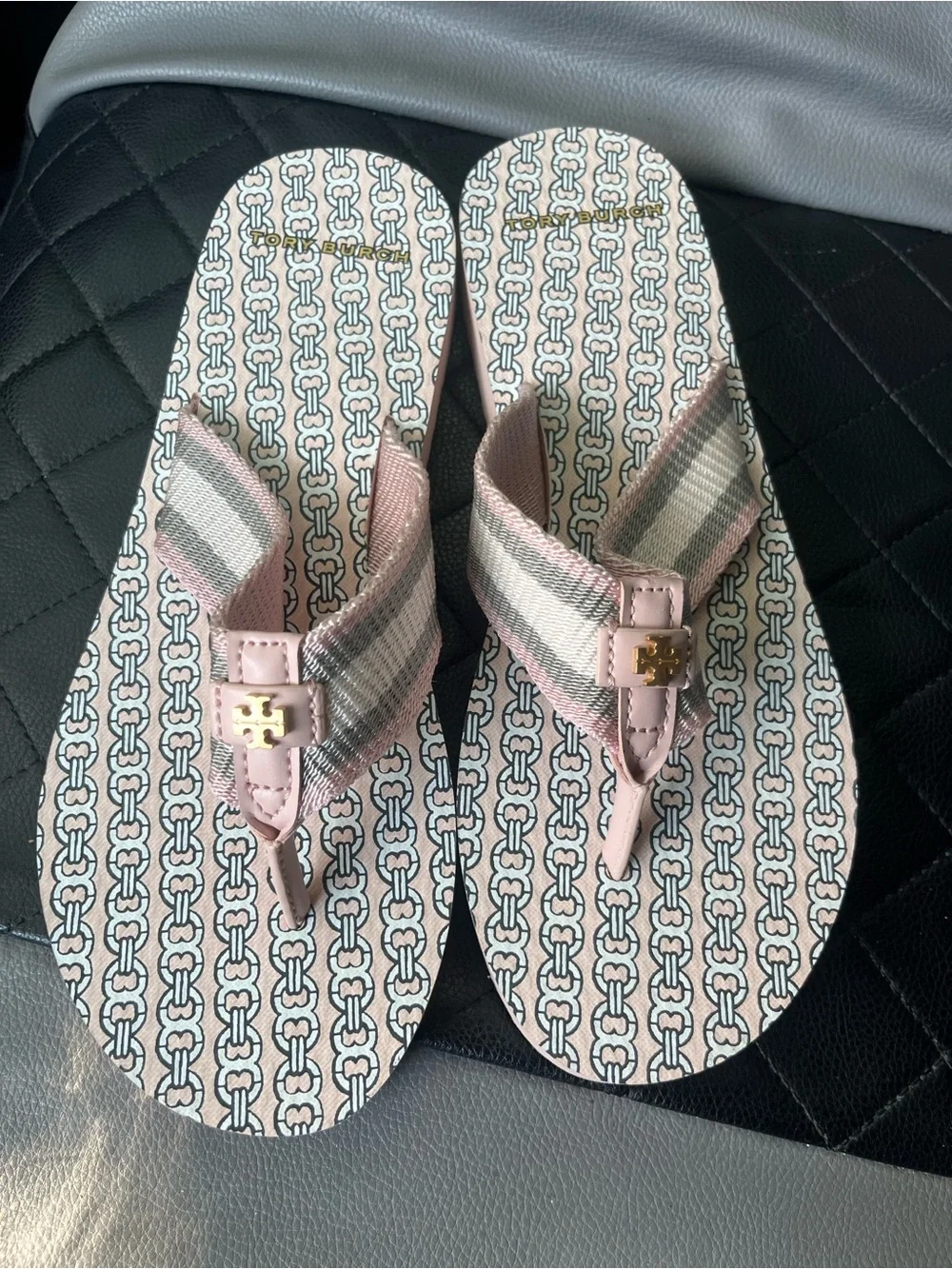 Tory Burch Pink & Cream And Grey Patterned Logo Thong Sandals